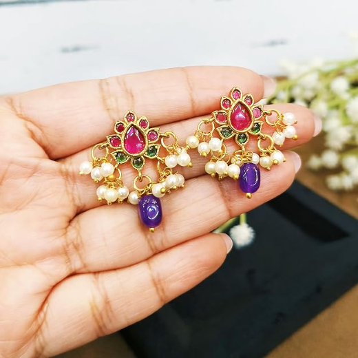 kempu lotus design with Purple Bead Earrings - Image 2