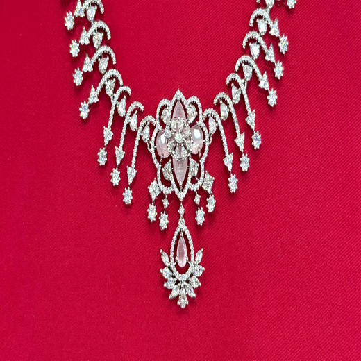 Silver Short Necklace with Flower designed Baby-Pink - Image 2