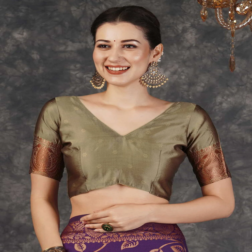 Dark Purple Silk Woven Banarasi Saree - Image 2