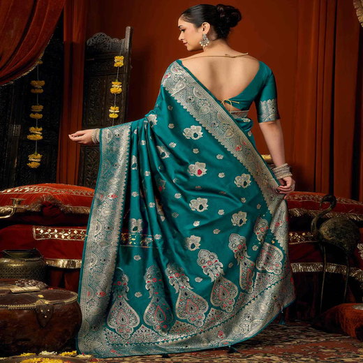 Peacock Blue Silk Woven Banarasi Saree - Image 4