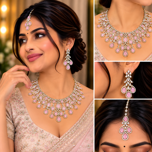 Emerald Baby-pink and Cubic Zirconia Bridal Necklace Set with Earrings and Maang Tikka - Image 4
