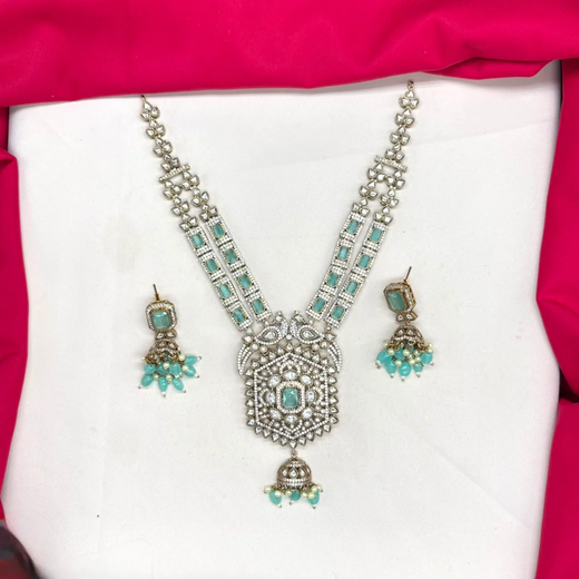 Victorian finishing mint green stones and moissanite stones two layered Short Necklace - Image 2
