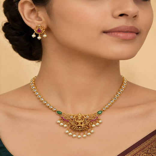 Matte finishing lord Lakshmi with Green two stones & Ad stones Short Necklace - Image 4