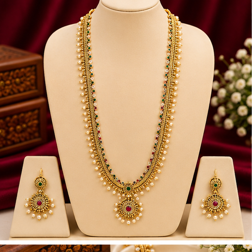 matte finishing multi-color stones with pearls long haram Necklace
