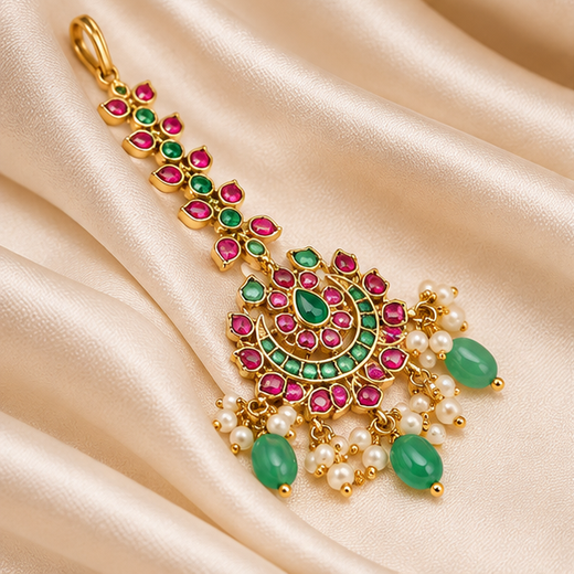 Jadau Kundan Finishing Floral Design Green Beads Maang Tikka - Image 3