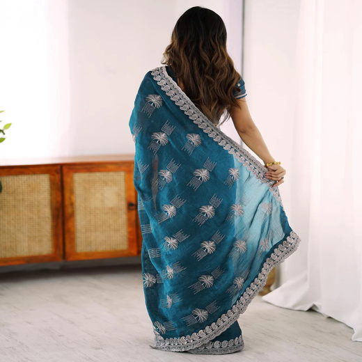 Blue Chiffon Embroidery Saree - Image 4