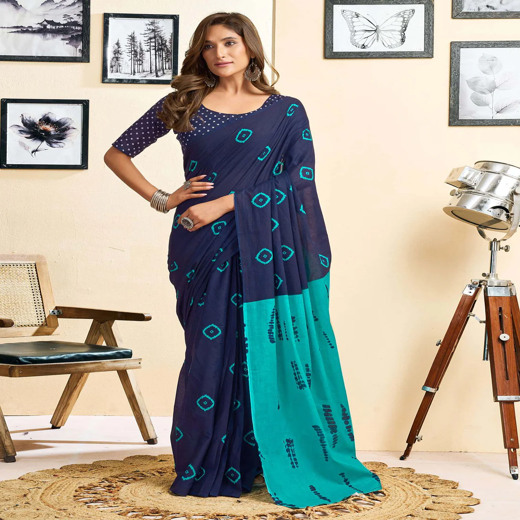 Ready To Wear Blue Cotton Printed Saree With Pocket