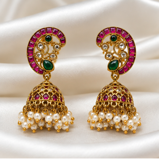 Jadau Kundan with rice pearls Jhumkas Earring