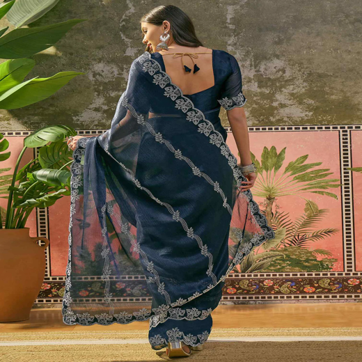 Navy Blue Shimmer Stone Work Embellished Saree - Image 4