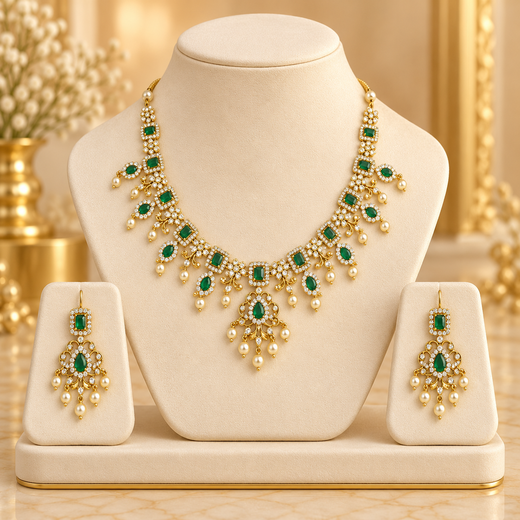 Matte finishing Green squared stones with white pearls Short Necklace