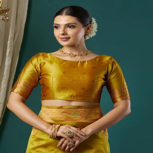 Mustard Green Silk Woven Banarasi Saree - Image 2