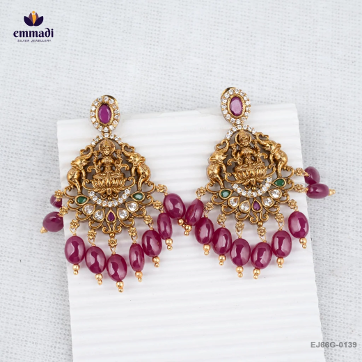 Gold-finisg Gaja Lakshmi antique red bead drop earring