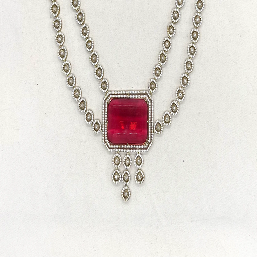 Victorian finishing emerald Red stones and intricate American Diamond Necklace - Image 4