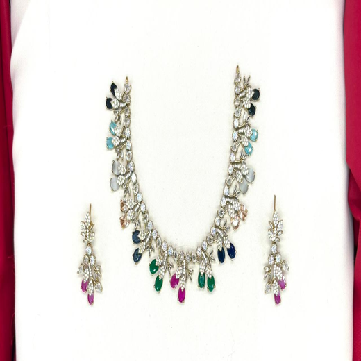 Mehndi finishing Leaf Designed Multi -Stones Short Necklace - Image 2
