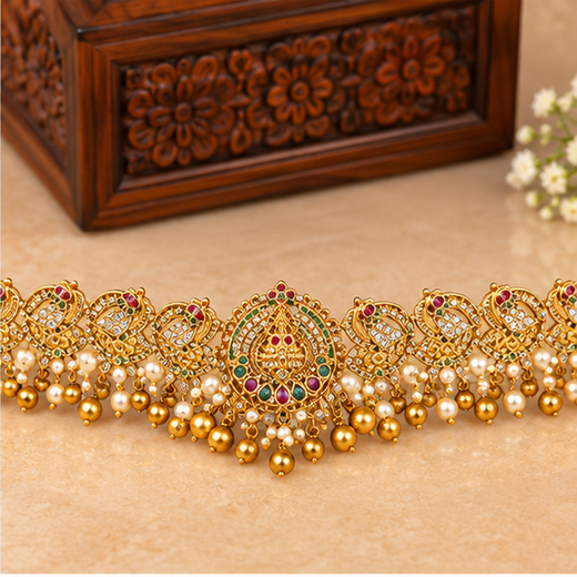 Matte Finishing Peacock Design With Multi-Stones Chain Vaddanam - Image 2