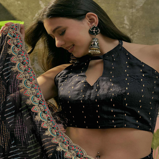 Black Chiffon Bandhani Printed Embroidery Saree - Image 2