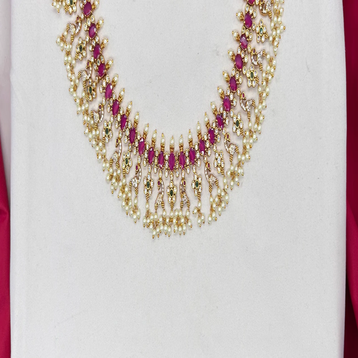 Premium matte finish Peacock design with flower finish Pink Stones Short Necklace - Image 3