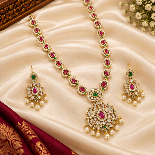 Matte finishing pink stones pearls with Elephant design Long Haram - Image 3
