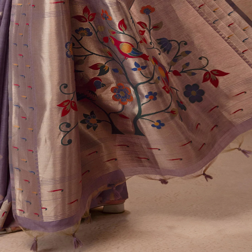 Lavender Chanderi Cotton Woven Paithani Saree - Image 3