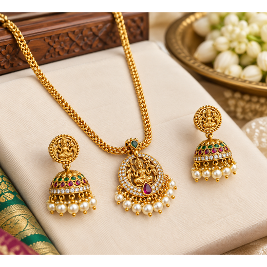 Matte finishing with lord Lakshmi and whiten stone short necklace - Image 3