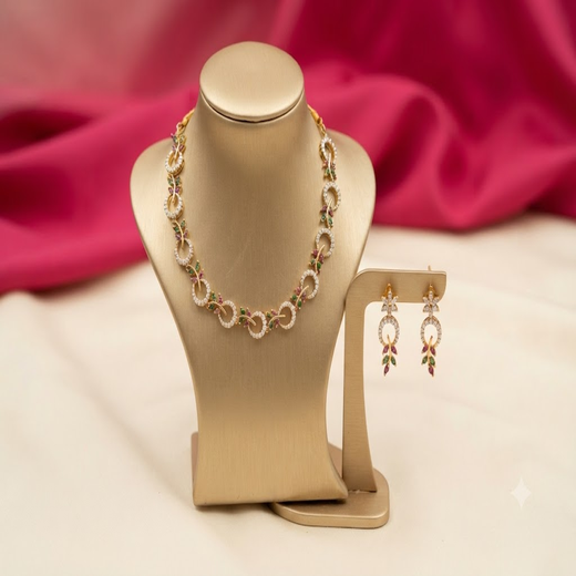 zircon stones in a floral and leaf-inspired motif small green stones short Necklace