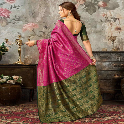 Dark Pink Silk Woven Banarasi Saree - Image 4