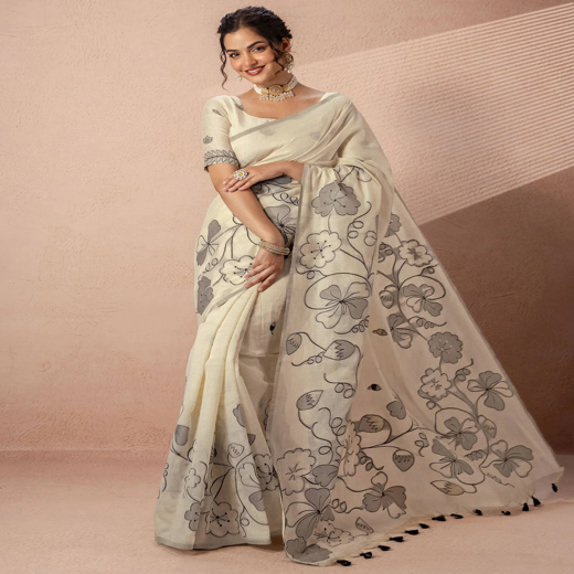 Beige Chanderi Cotton Woven Saree