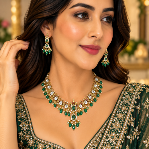 Polki Kundan Green Beads With Pearls drop Short Necklace