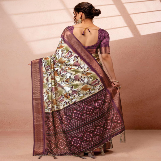 Dusty Beige Silk Printed Woven Border Saree - Image 4