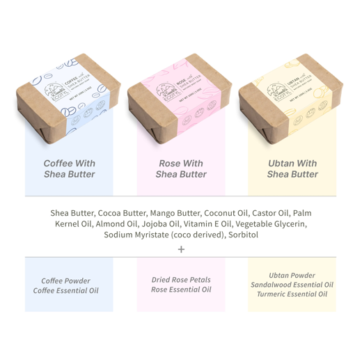 Ecotyl Shea Butter Soaps - Ubtan, Rose & Coffee | 100% Natural | Gentle Cleanser | Set of 3 - Image 3