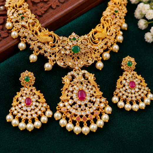 Peacock Design Matte Gold Haram Necklace Set with Earrings - Image 3