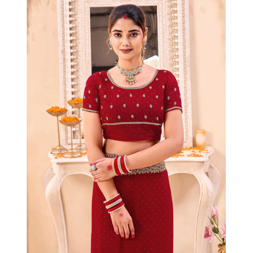 Red Silk Embroidery Embellished Saree - Image 2