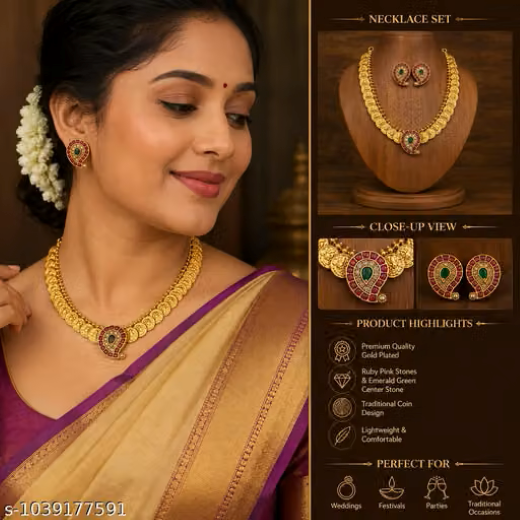 Premium Gold Plated Coin Necklace Set with Mango Stone Design Earrings - Image 2