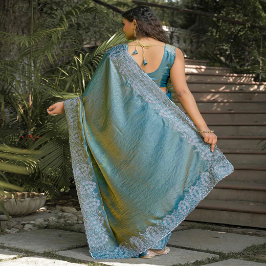 Dusty Teal Green Shimmer Tissue Embroidery Saree - Image 4