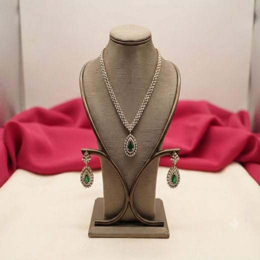Victorian finishing American Diamonds with Central Green Stone Short Necklace