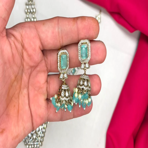 Victorian finishing mint green stones and moissanite stones two layered Short Necklace - Image 4