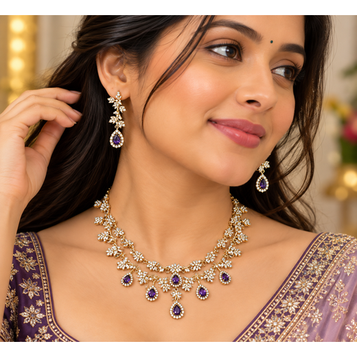 Matte finishing Floral Zircon & Ad Stones purple Short Necklace - Image 4