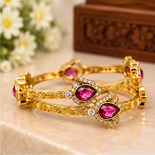 Victorian Finishing Red Stone Flower Designed Bangle - Image 2