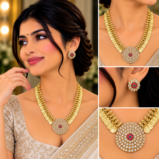 Matte finishing AD stones and lord Lakshmi Short Necklace - Image 4