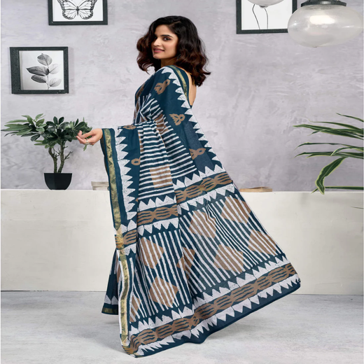 Ready To Wear Rama Blue Cotton Printed Saree - Image 4