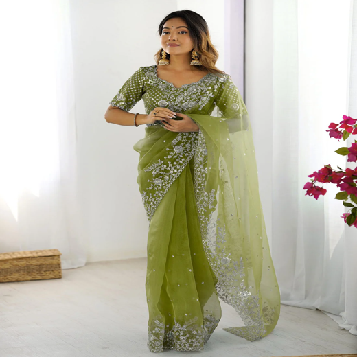 Green Organza Embroidery Lace Saree