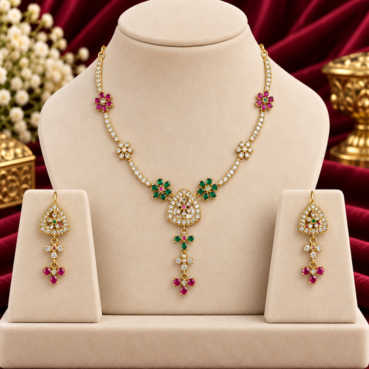 Matte finishing flower design with multi stone short Necklace