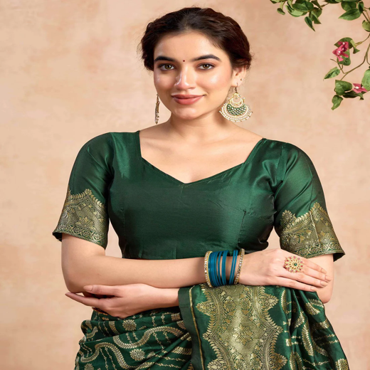 Dark Green Silk Woven Banarasi Saree - Image 2