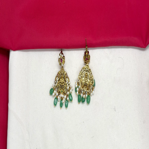 Nakshi finishing floral design with Lord Lakshmi pendant Green Beads Short Necklace - Image 4
