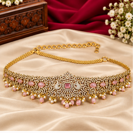 Victorian Finishing With Pink Stones And Peacock Deigned Chain Vaddanam
