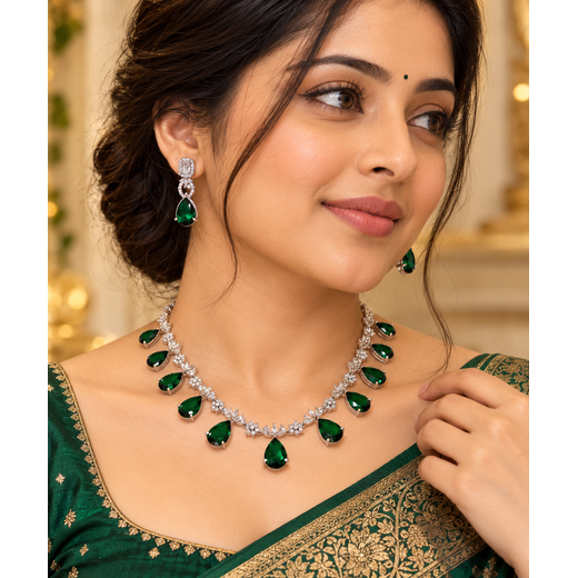 Silver AD Green Stones Short Necklace - Image 4
