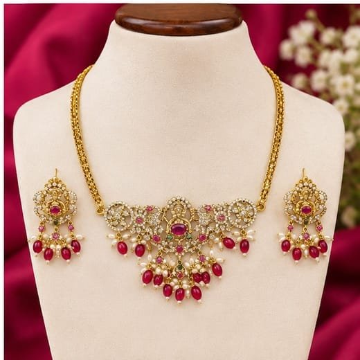 Matte finishing white stones with Lord Ganesh design Red Beads (choker) Necklace - Image 4
