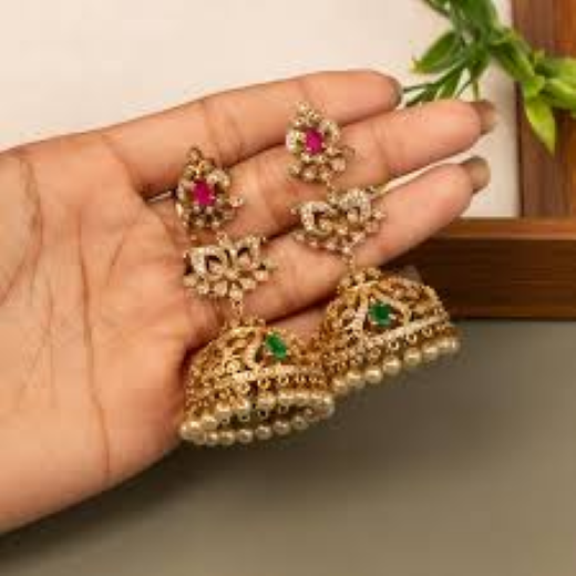 Matte Finishing Floral Design With Ad Stones Pink & Green Stone Jhumka Earring - Image 3