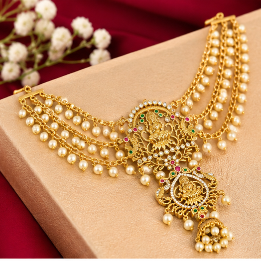 Matte Finishing Peacock Design With Multi-Stones And White Pearls Jadai Billai - Image 2
