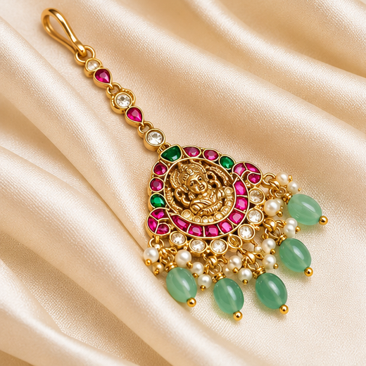 Jadau Kundan Finishing With Pink Stones Lord Lakshmi Maang Tikk - Image 3